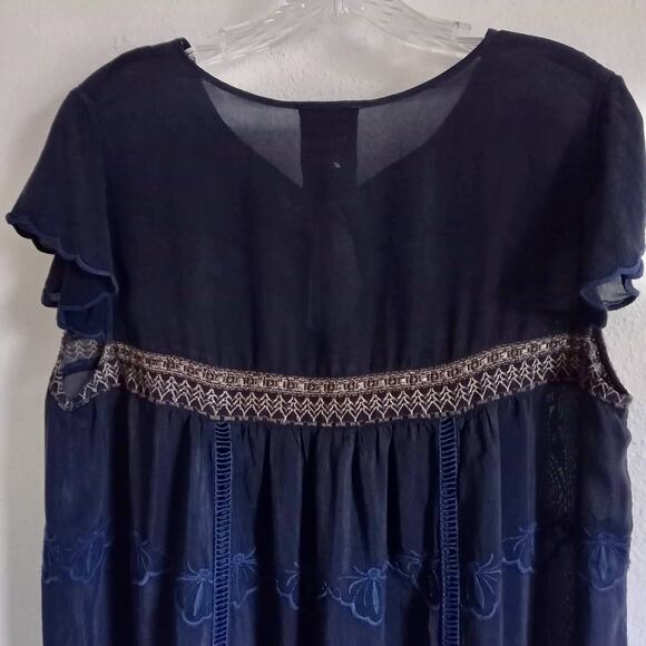 JOHNNY WAS Embroidered Dress Blue Bouquet Floral SZ M Peasant Flutter Empire - Picture 4 of 10